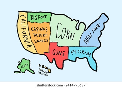 Meme map of America. Funny United States map according to Europeans.