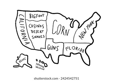 Meme map of America. Funny United States map according to Europeans.