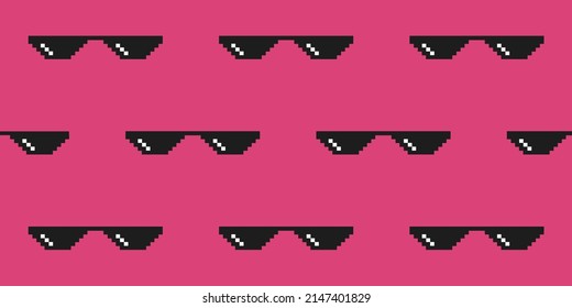 Meme pixel glasses on pink background. Seamless vector pattern