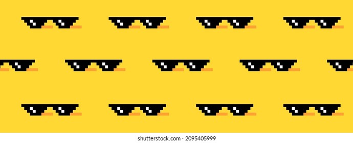 Gafas de píxel meme sobre fondo amarillo. Patrón vectorial sin cable.