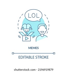 Meme turquoise concept icon. Video, static jokes. Funny content. Social media trend abstract idea thin line illustration. Isolated outline drawing. Editable stroke. Arial, Myriad Pro-Bold fonts used
