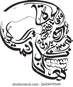 "Memento Mori in Arabic Calligraphy: A Profound Artistic Meditation on Mortality and the Impermanence of Life – This Unique Calligraphic Artwork, Masterfully Shaped into a Human Skull, Contains Sacred