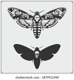 Memento mori. Butterfly and skull. Brevity of human life. Print design for t-shirt.