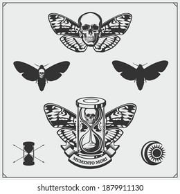 Memento mori. Hourglass, butterfly and skull. Brevity of human life. Print design for t-shirt.