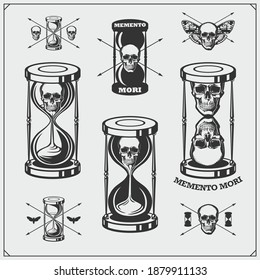 Memento mori. Hourglass, butterfly and skull. Brevity of human life. Print design for t-shirt.