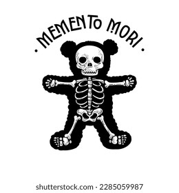 Memento mori t-shirt design teddy bear skeleton line art sketch engraving vector illustration. T-shirt apparel print design. Scratch board imitation. Black and white hand drawn image.