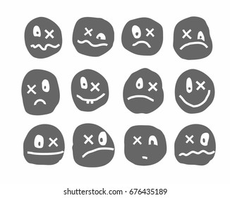 Memes, emotions, vector icons , gray with a cross. Different emotions. Uneven grey images on a white background. With the x instead of eyes. 