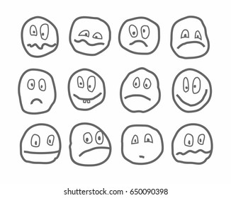 Memes, emotions, vector icons, round. Different emotions. Rough dark-grey figures on a white background. Drawn with a pen, simulation. 