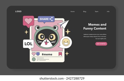 Memes and Funny Content theme. Viral humor and joyful expressions in social media. Laughter sharing, meme culture, online entertainment. Flat vector illustration.