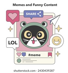 Memes and Funny Content theme. Viral humor and joyful expressions in social media. Laughter sharing, meme culture, online entertainment. Flat vector illustration.