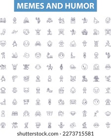 Memes and humor line icons, signs set. Memes, Humor, Comedy, Laughs, Jokes, Pranks, Quips, Comedy, Wink outline vector illustrations.