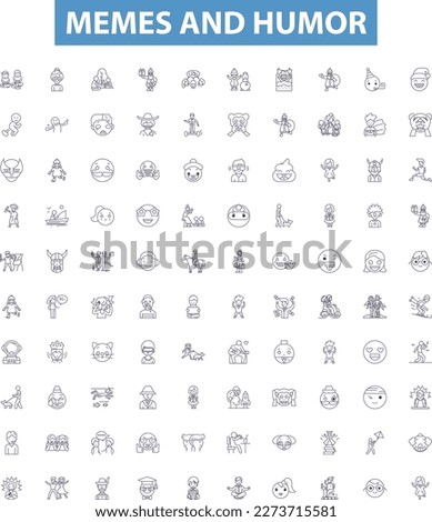 Memes and humor line icons, signs set. Memes, Humor, Comedy, Laughs, Jokes, Pranks, Quips, Comedy, Wink outline vector illustrations. [[stock_photo]] © 