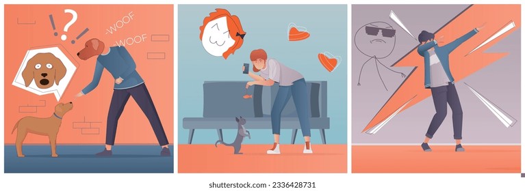 Memes three flat illustrations depicting human expressions with various troll faces vector illustration