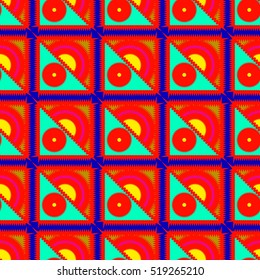 Memfis style abstract backdrop. Geometric seamless pattern. Repeating decoration print. Seamless primitive geometric background.