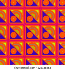 Memfis style abstract backdrop. Geometric seamless pattern. Repeating decoration print. Seamless primitive geometric background.