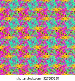 Memfis style abstract backdrop. Geometric seamless pattern. Repeating decoration print. Seamless primitive geometric background.