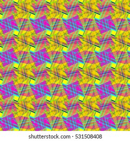 Memfis style abstract backdrop. Geometric seamless pattern. Repeating decoration print. Seamless primitive geometric background.