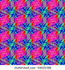 Memfis style abstract backdrop. Geometric seamless pattern. Repeating decoration print. Seamless primitive geometric background.