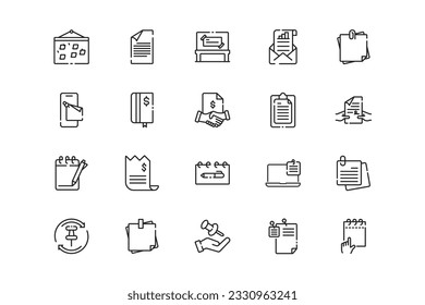 Memo or Clipboard lines icon set. Memo or Clipboard genres and attributes. Linear design. Lines with editable stroke. Isolated vector icons.