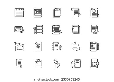 Memo or Clipboard lines icon set. Memo or Clipboard genres and attributes. Linear design. Lines with editable stroke. Isolated vector icons.