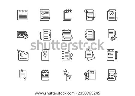 Memo or Clipboard lines icon set. Memo or Clipboard genres and attributes. Linear design. Lines with editable stroke. Isolated vector icons.