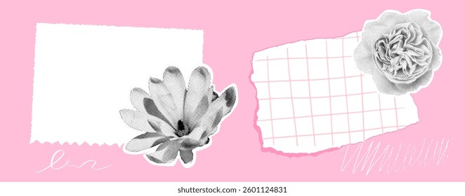 Memo collage, torn edges, blank notes, and magazine cutout flowers. Vector template for journaling, scrapbooking, and planners
