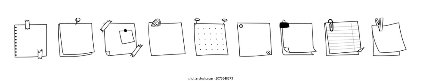 Memo doodle. Blank square sheets of notepaper. A variety of paper stickers with pins, paper clips, clothespins, tape. Vector hand-drawn reminder templates isolated on white background.