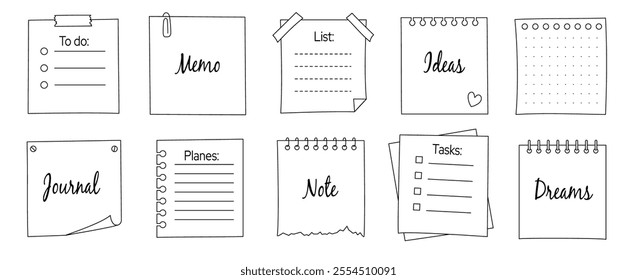 Memo frame note paper line sheet set. Notebook paper note frame for task list, to do list sticker sheet. Hand drawn sketch line style reminder sticker. Vector illustration.