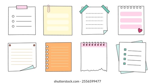 Memo frame note paper line cute planner sheet set. Notebook paper note frame for task list page, to do list sticker sheet. Hand drawn kid sketch line style reminder sticker. Vector illustration.