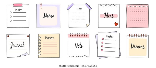 Memo frame note paper line cute planner sheet set. Notebook paper note frame for task list page, to do list sticker sheet. Hand drawn kid sketch line style reminder sticker. Vector illustration.