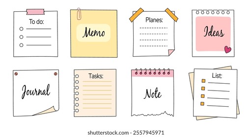 Memo frame note paper line cute planner sheet set. Notebook paper note frame for task list page, to do list sticker sheet. Hand drawn kid sketch line style reminder sticker. Vector illustration.