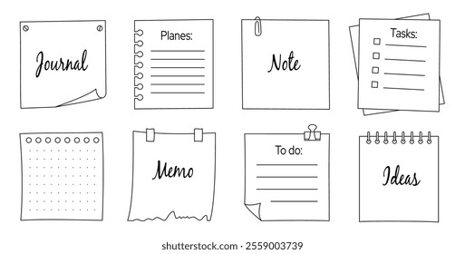 Memo frame note paper line sheet set. Notebook paper note frame for task list, to do list sticker sheet. Hand drawn sketch line style reminder sticker. Vector illustration.