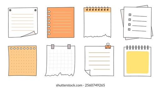 Memo frame note paper line cute planner sheet set. Notebook paper note frame for task list page, to do list sticker sheet. Hand drawn kid sketch line style reminder sticker. Vector illustration.