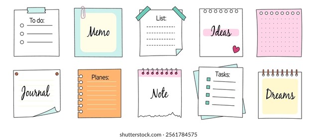 Memo frame note paper line cute planner sheet set. Notebook paper note frame for task list page, to do list sticker sheet. Hand drawn kid sketch line style reminder sticker. Vector illustration.