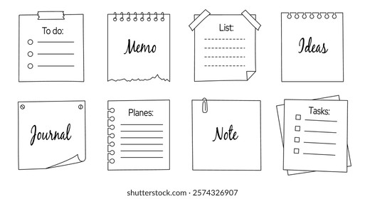 Memo frame note paper line sheet set. Notebook paper note frame for task list, to do list sticker sheet. Hand drawn sketch line style reminder sticker. Vector illustration.