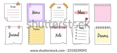 Memo frame note paper line cute planner sheet set. Notebook paper note frame for task list page, to do list sticker sheet. Hand drawn kid sketch line style reminder sticker. Vector illustration.