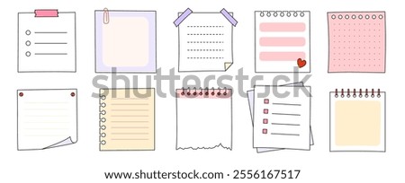 Memo frame note paper line cute planner sheet set. Notebook paper note frame for task list page, to do list sticker sheet. Hand drawn kid sketch line style reminder sticker. Vector illustration.