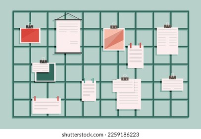 Memo grid board, wall organization with blank paper sheets for messages and notes pinned with clips. Modern office decor, workplace organizer, text notes reminders message important announcement