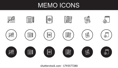 Memo-Symbole gesetzt. Sammlung von Memo mit Notiz, Agenda, Notizen. Bearbeitbare und skalierbare Memo-Symbole.