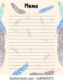 A Memo Or Note With 4 Colorful Feathers Can Be Used For Daily Planner, An Important Memo For Remainder Or To Write A Diary 