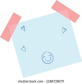 Memo note with doodle drawings fixed with sticky tape isolated on white background