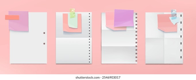 Memo note and fold paper sheet with tape vector. School sticker for list and white blank notebook page scrapbook isolated set. Empty office memory label for board or banner illustration design