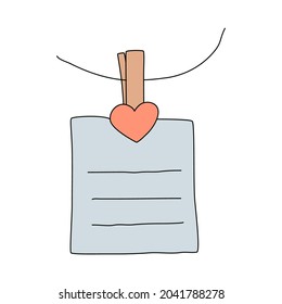 Memo note with heart shaped clip vector illustration. Sheet of paper tack with paperclip. Reminder hand drawn sketch. Template for to do list, cards, social media post, announcement.