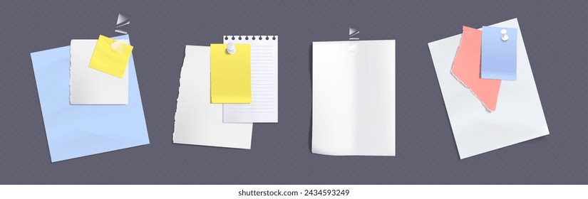 Memo note paper sheets attached with adhesive tape and pins. White and colorful notepad pages and stickers for memory writings. Realistic vector illustration set of frames for bulletin notice.