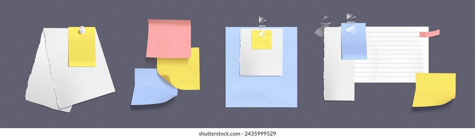 Memo note paper sheets attached with adhesive tape and pins. White and colorful notepad pages and stickers for memory writings. Realistic vector illustration set of frames for bulletin notice.