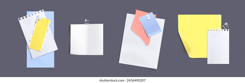 Memo note paper sheets attached with adhesive tape and pins. White and colorful notepad pages and stickers for memory writings. Realistic vector illustration set of frames for bulletin notice.