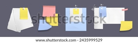 Memo note paper sheets attached with adhesive tape and pins. White and colorful notepad pages and stickers for memory writings. Realistic vector illustration set of frames for bulletin notice.