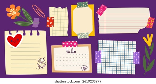 Memo note paper sheets drawn set - colorful scrapbook page designs with flowers, grid pattern elements. Stationery collection with notepad pages decorated with stickers for bullet journal or planner.
