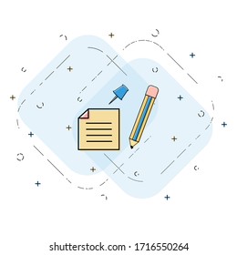 Memo note, pin and pencil linear icon. Reminder concept. Creative flat design vector.
