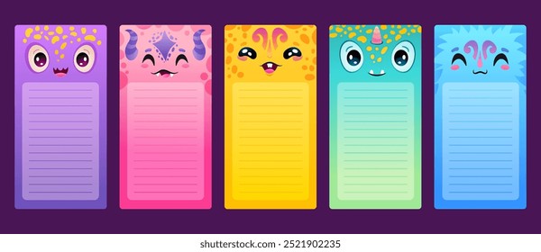 Memo Note Set con lindas caras de monstruo para niños y papelería para imprimir. Pegatinas de planificador de colores con monstruos amables. Vector plana ilustración de dibujos animados